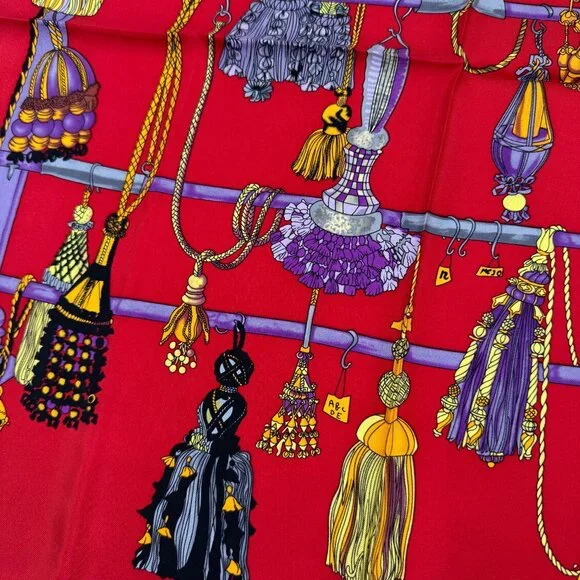 Trevisan S.R.L. Venezia Vintage Silk Scarf With Tassel Design In Red Purple & Go - Picture 5 of 7